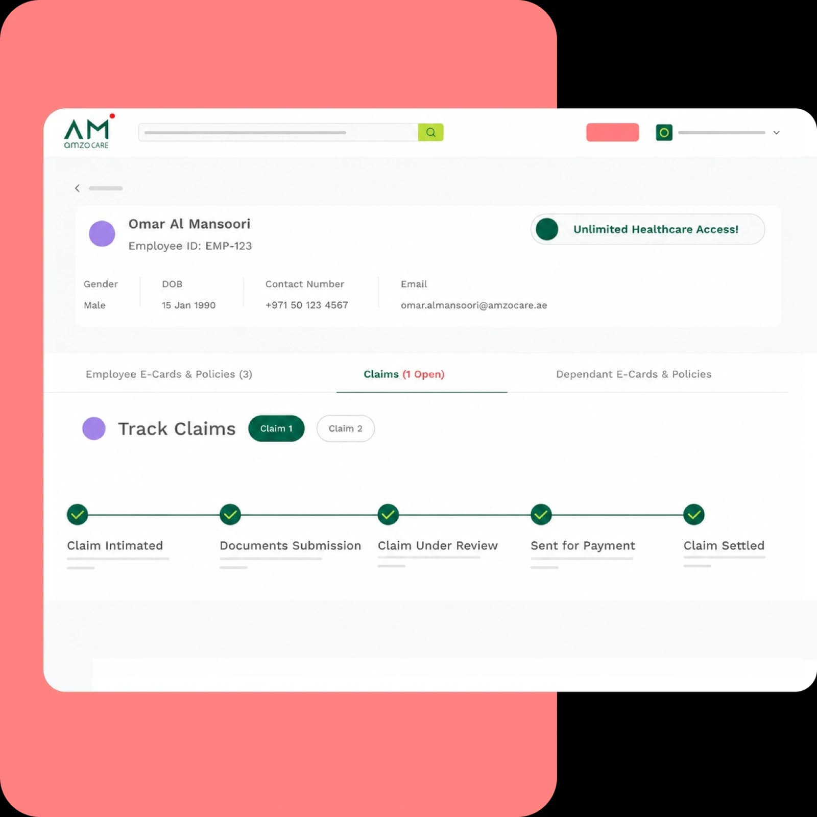 Emirates ID claim tracking in the Amzo Care HR workspace