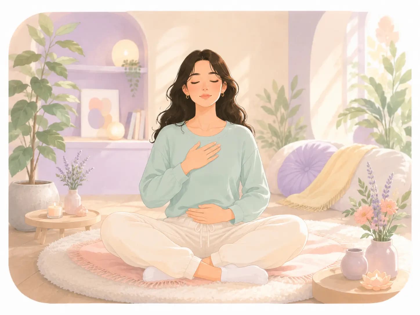 A person sitting cross-legged in a calm room, breathing with a hand on the chest.