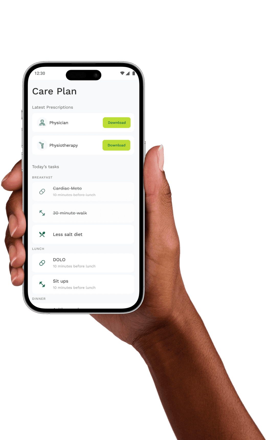 A hand holding the Aries Health care app