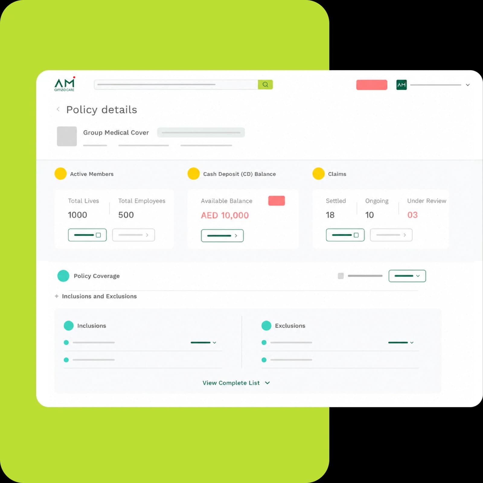 Daman policy details in the Amzo Care HR workspace
