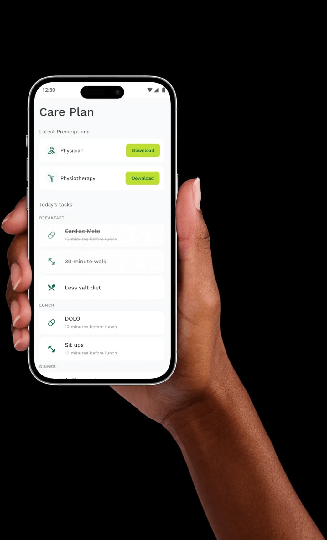 A hand holding the AmzoCare care app