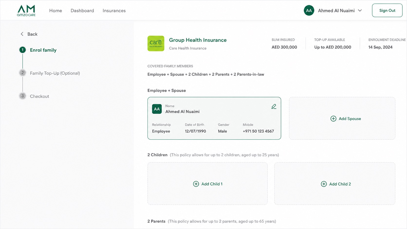 Amzo Care insurance dashboard