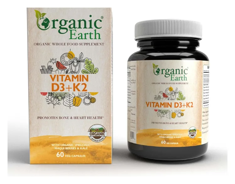 Organic Earth Vitamin D3 + K2 , Supports Bone and Immune Health, 60 Capsules