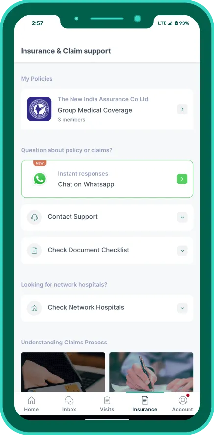 Claims support screen in Aries Health app